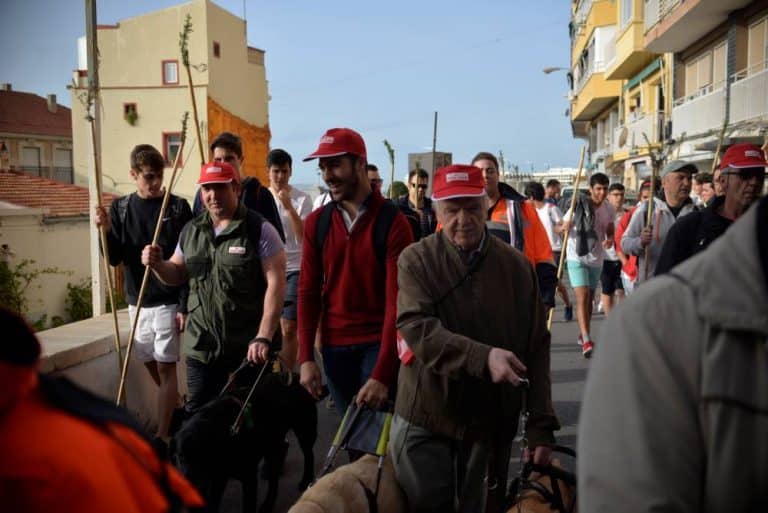 Calle estrecha llena de peregrinos con gorra roja y bastones de caña, algunos con perro guía.