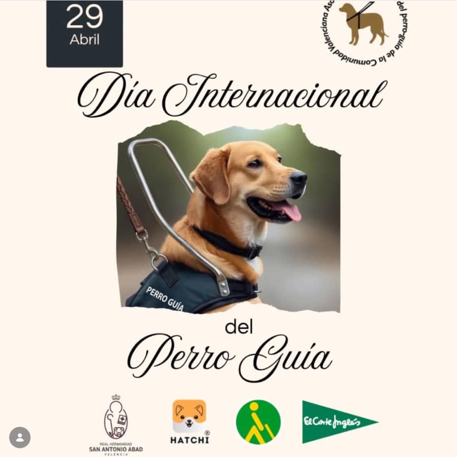 Cartel del Día Internacional del Perro Guía, 29 de abril: un perro guía con arnés y los logotipos de los colaboradores.
