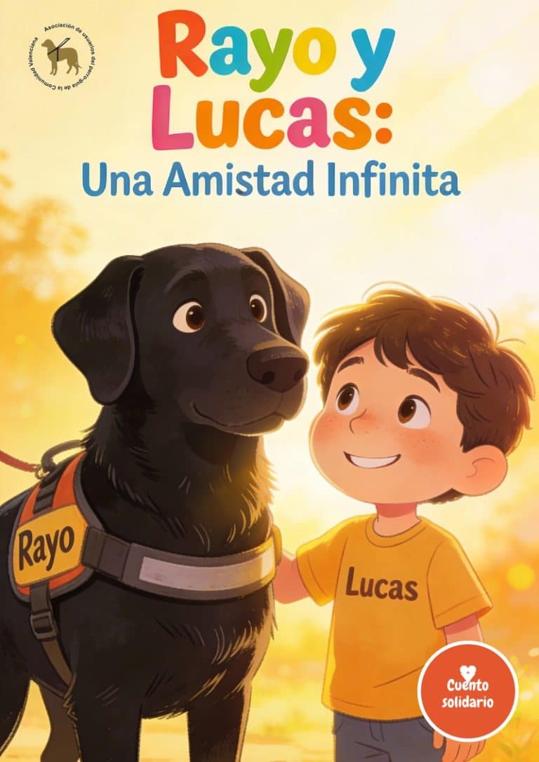 Portada del cuento «Rayo y Lucas: Una amistad infinita»: un labrador negro con arnés y un niño sonriente