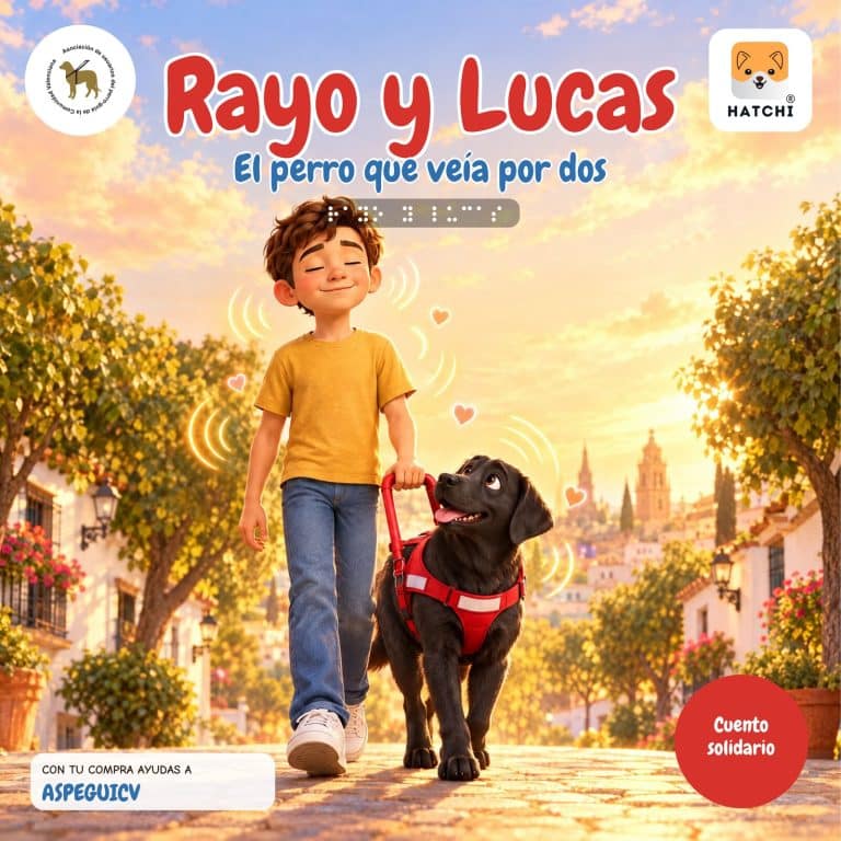 Portada del cuento «Rayo y Lucas: El perro que veía por dos»: un labrador negro con arnés y un niño sonriente