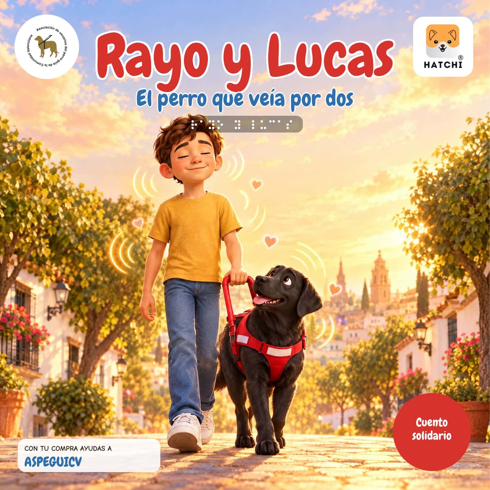 Portada del cuento «Rayo y Lucas: El perro que veía por dos»: un niño de pelo castaño con camiseta amarilla camina sonriendo con los ojos cerrados, cogido del asa del arnés rojo de un labrador negro que lo mira. Van por una calle de casas blancas con flores, al atardecer. Bajo el título hay una línea en braille. Lleva el sello «Cuento solidario», el aviso «Con tu compra ayudas a ASPEGUICV» y los logotipos de ASPEGUICV y HATCHI.