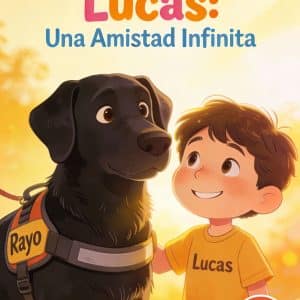 Cubierta de «Rayo y Lucas: Una amistad infinita»: labrador negro con arnés naranja que dice Rayo junto a un niño sonriente con camiseta amarilla que dice Lucas.