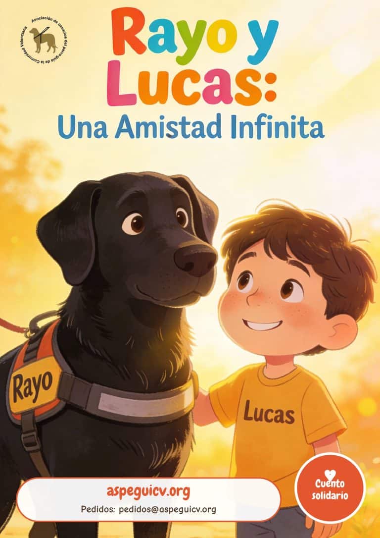 Portada del cuento «Rayo y Lucas: Una amistad infinita»: un labrador negro con arnés y un niño sonriente