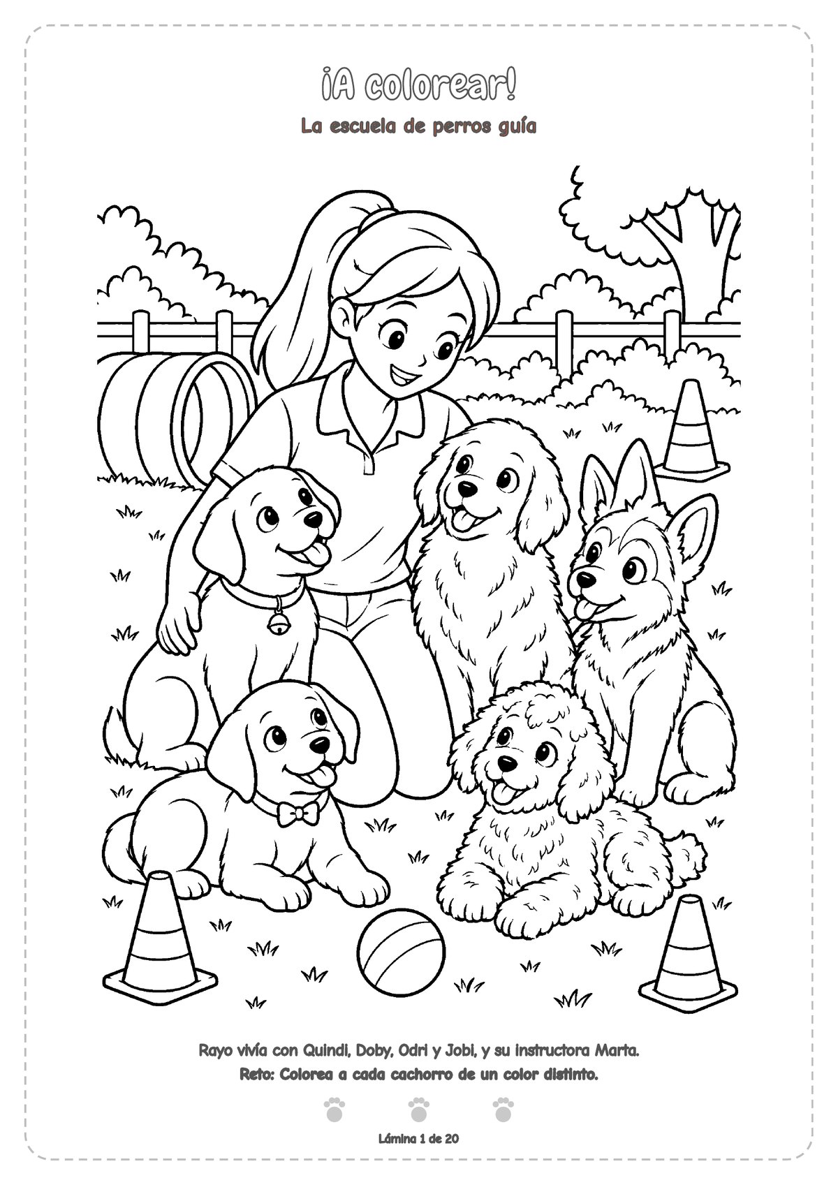 Dibujo en blanco y negro para colorear: la instructora Marta sonríe arrodillada en el césped entre cinco cachorros de distintas razas, con conos, un túnel de juego y una pelota.