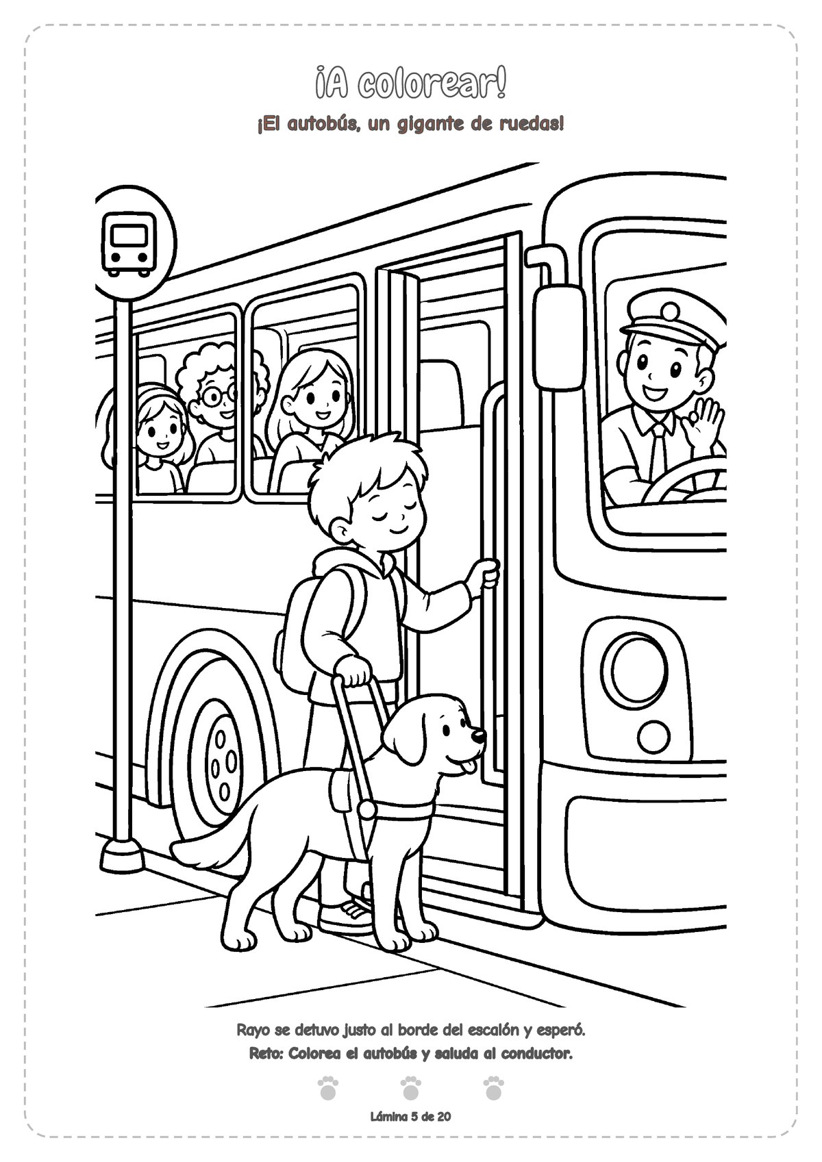 Dibujo en blanco y negro para colorear: Lucas, con mochila, sube a un autobús con Rayo a su lado; el conductor lo saluda con la mano y otros pasajeros miran por las ventanillas.