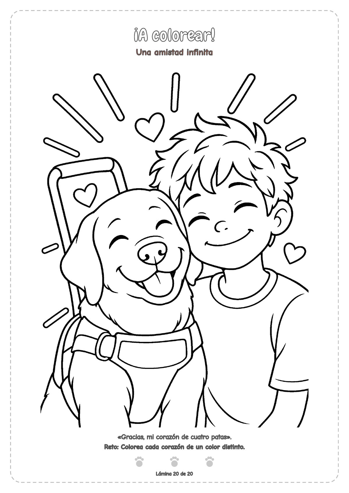 Dibujo en blanco y negro para colorear: Lucas abraza a Rayo, mejilla con mejilla, los dos sonriendo con los ojos cerrados, rodeados de corazones y rayos de alegría.