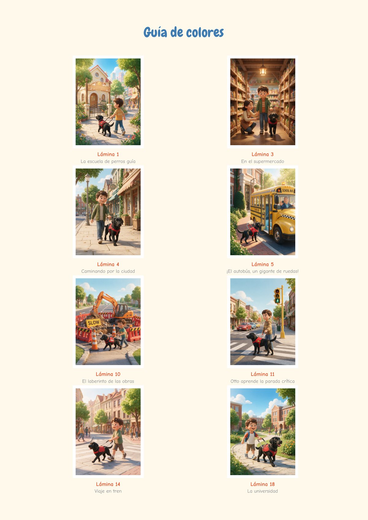 Página con ocho ilustraciones pequeñas en color del libro, en dos columnas, cada una con su número de lámina y su título.