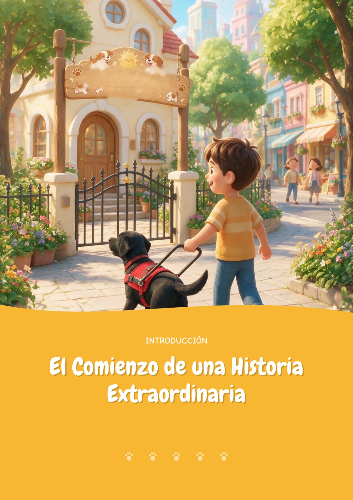 Ilustración a toda página: en una calle soleada con flores, un niño de camiseta amarilla camina hacia la verja de una escuela de color crema, guiado por un labrador negro con arnés rojo. Debajo, en una franja amarilla, «Introducción. El comienzo de una historia extraordinaria».