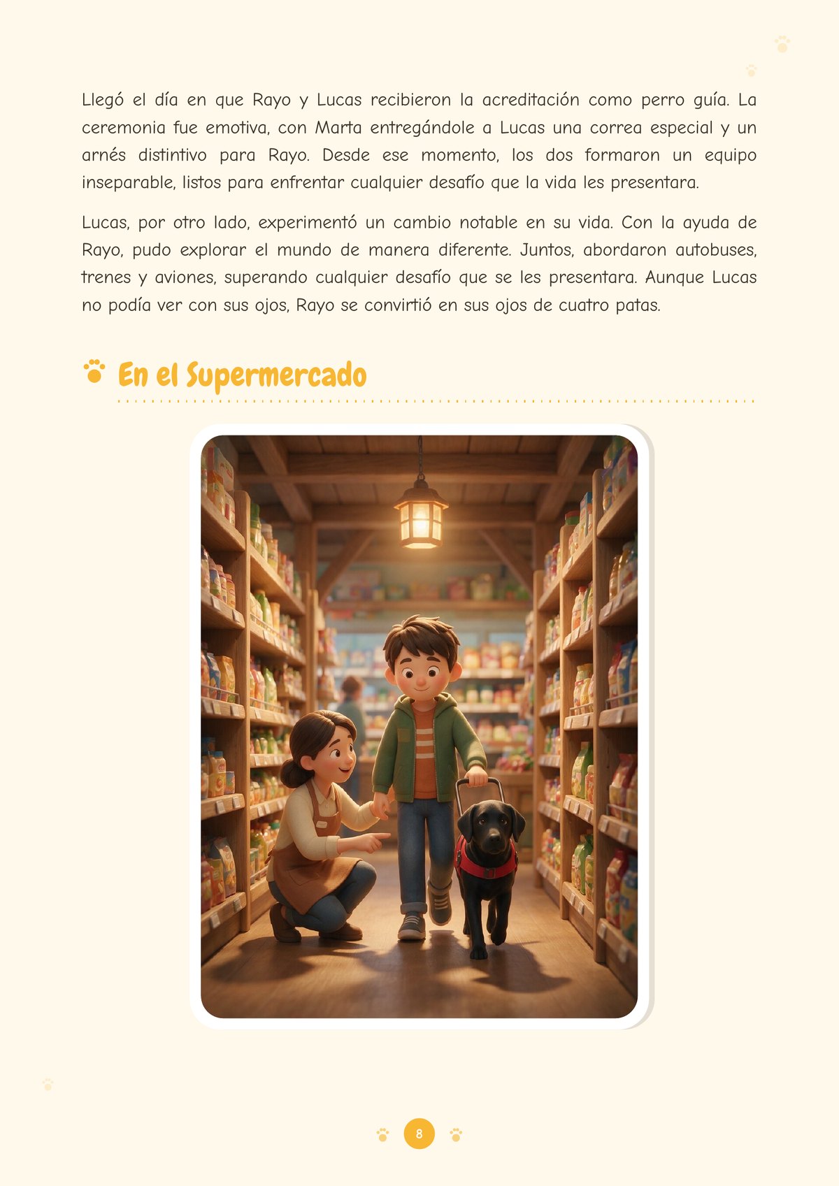 Página de texto con una ilustración: en el pasillo de una tienda de madera llena de estanterías, una dependienta se agacha junto a Lucas, que camina con Rayo, el labrador negro con arnés rojo.