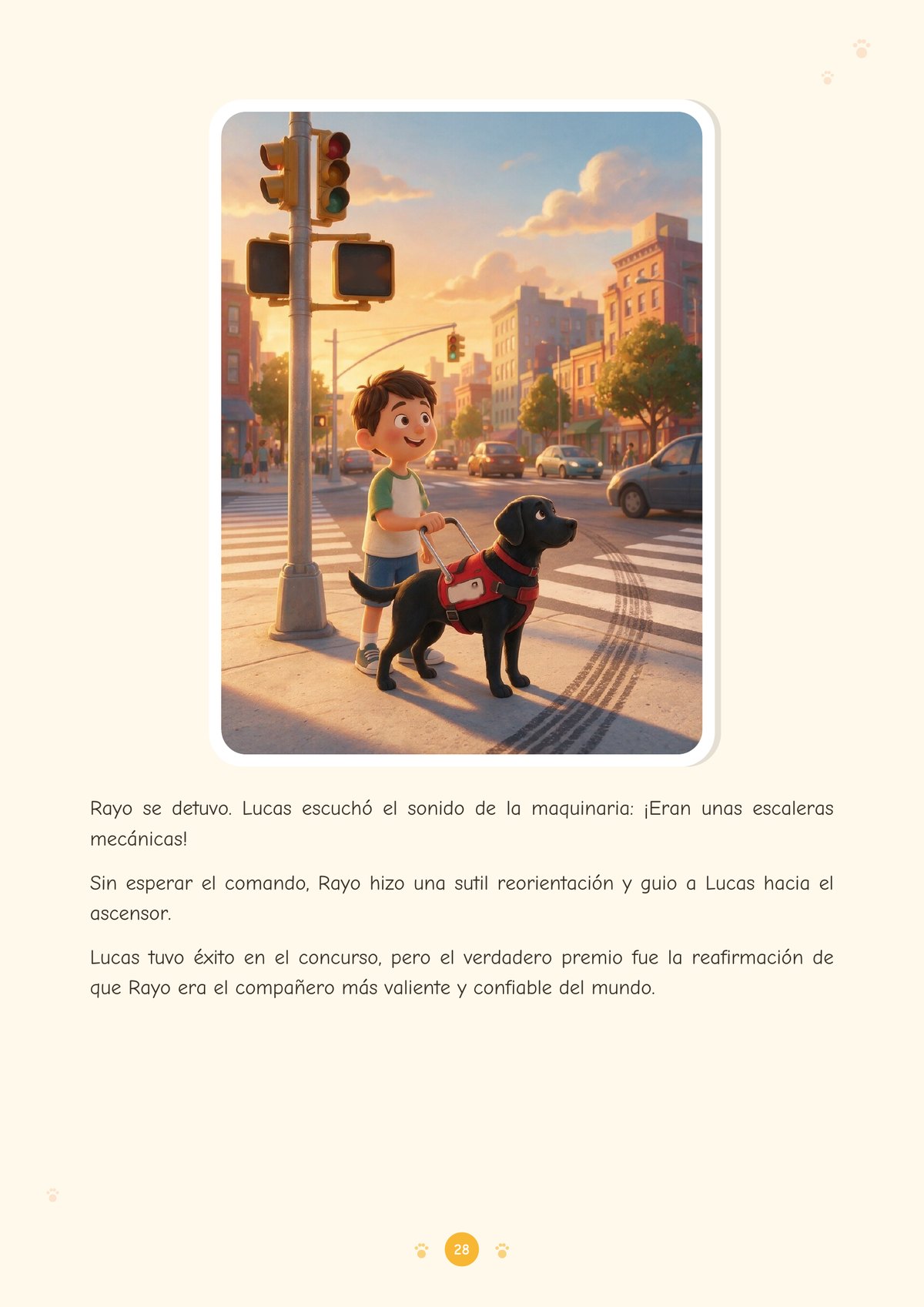 Página de texto con una ilustración: al atardecer, Lucas espera junto a un semáforo con Rayo, que lleva su arnés rojo, en el borde de un paso de peatones de una calle de la ciudad.