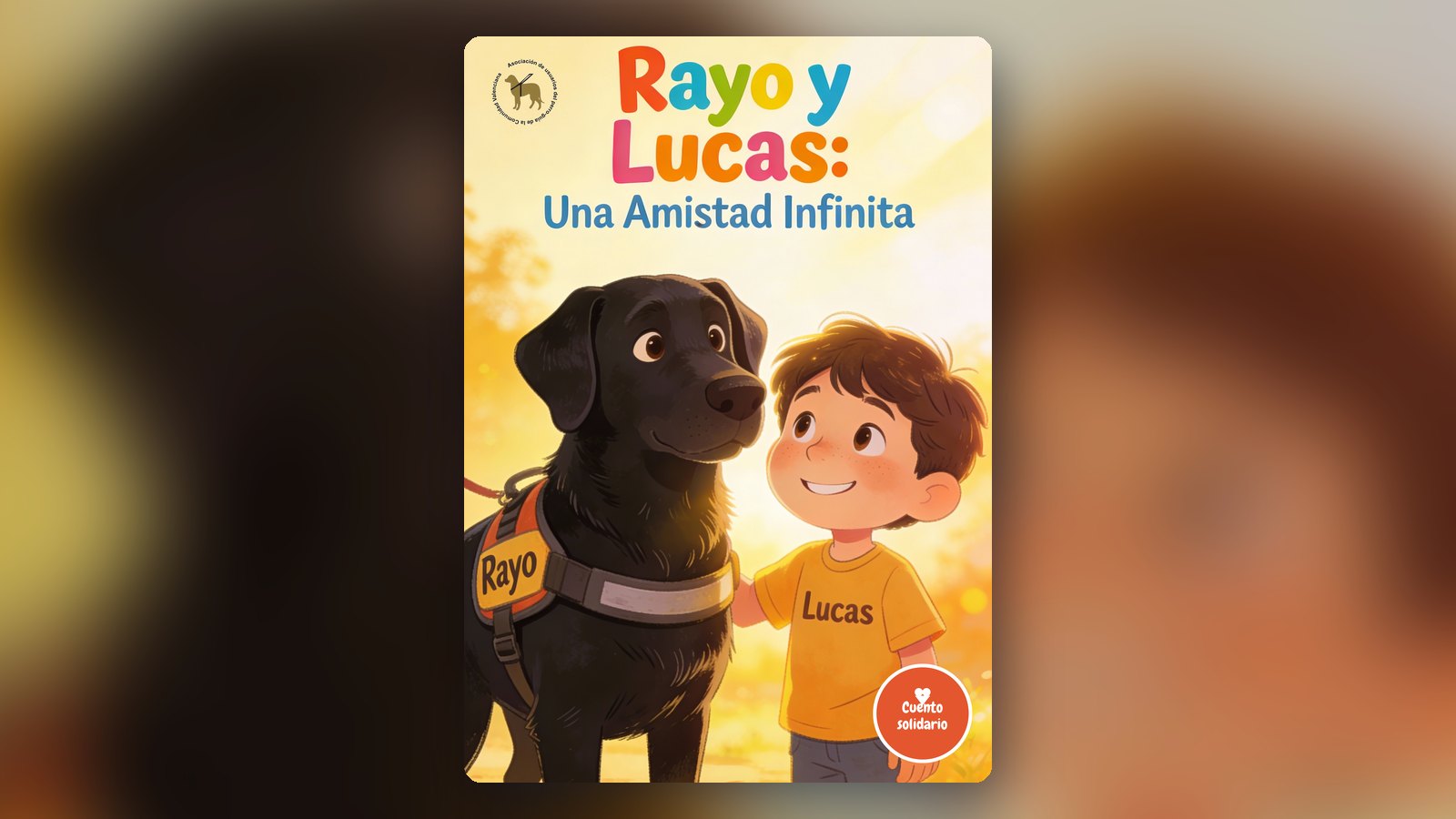Portada de «Rayo y Lucas: Una Amistad Infinita»: un labrador negro con un arnés naranja en el que pone «Rayo» mira con cariño a un niño de pelo castaño con camiseta amarilla en la que pone «Lucas», que le sonríe y le apoya la mano en el lomo. Detrás, un atardecer dorado entre árboles. Arriba a la izquierda, el logotipo redondo de ASPEGUICV, y abajo a la derecha, el sello «Cuento solidario».