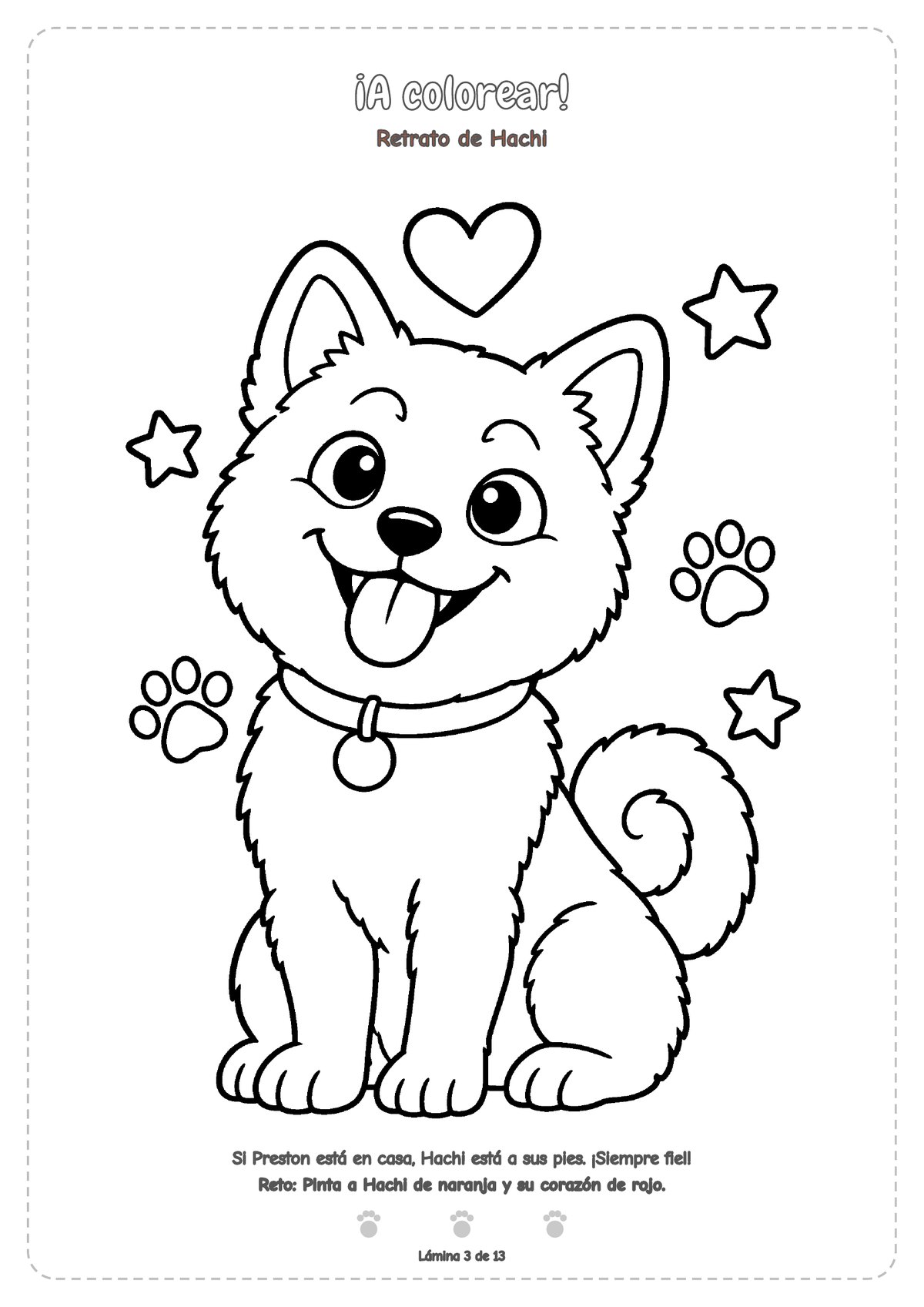 Dibujo para colorear: Hachi sentado, con la lengua fuera y un collar con chapa, rodeado de un corazón, estrellas y huellas.
