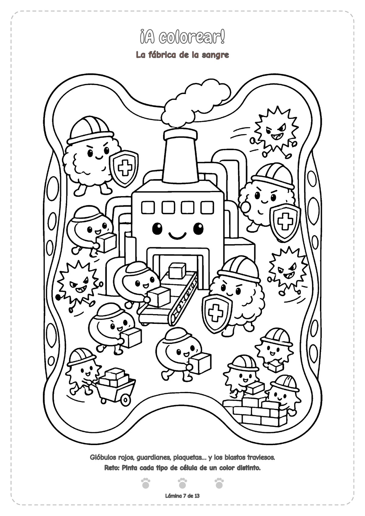 Dibujo para colorear: una fábrica sonriente dentro de un hueso, rodeada de células con casco que cargan cajas, guardianes con escudo y blastos traviesos con cara de enfado.