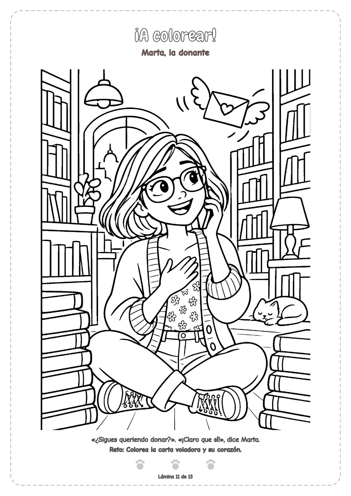 Dibujo para colorear: Marta, con gafas, sentada en una librería, habla por teléfono con la mano en el pecho; por encima vuela una carta con alas y un corazón, y un gato duerme en un rincón.