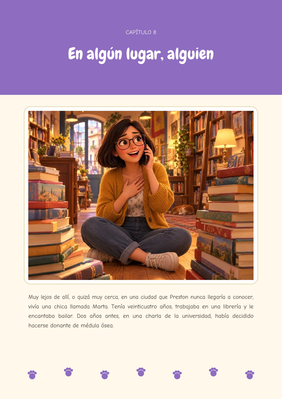 Ilustración: Marta, una chica con gafas y chaqueta amarilla, sentada en el suelo de una librería entre montones de libros, habla por teléfono emocionada, con la mano en el pecho.